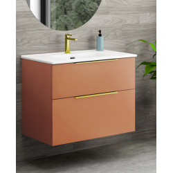 Mueble de Baño Supendido Naranja tiradores y grifo dorados