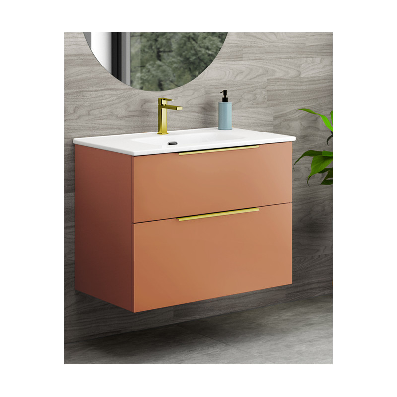 Mueble de Baño Supendido Naranja tiradores y grifo dorados