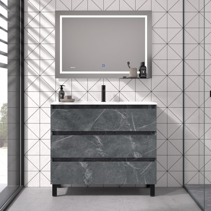 mueble de baño de color mármol gris con cajones