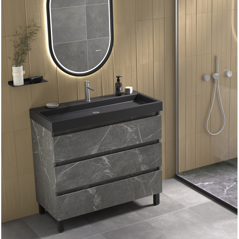 mueble de baño de color marmol gris con cajones